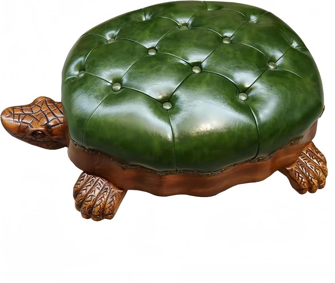 Wood Ottoman Footstool,Sofa StoolLeather Upholstered Vintage Turtle Footrest Stool with Wheels (Green)