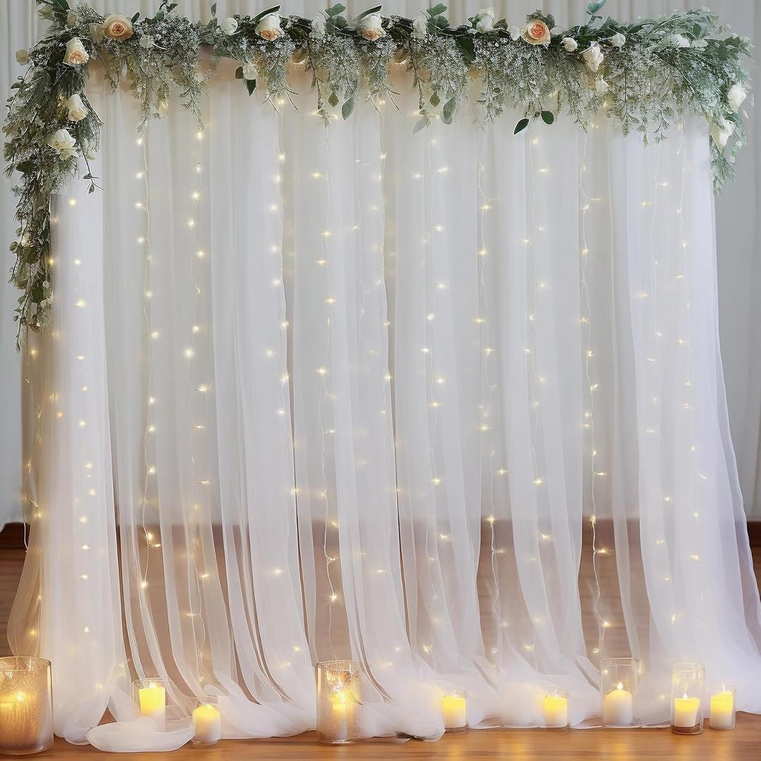 10x10ft White Tulle Backdrop Curtain with Lights String for Parites, Sheer Photo Backdrop Curtains with Lights for Wedding Backdrop Ceremony Reception Baby Shower Bridal Shower Birthday Party (2 Panels(5*10FT))