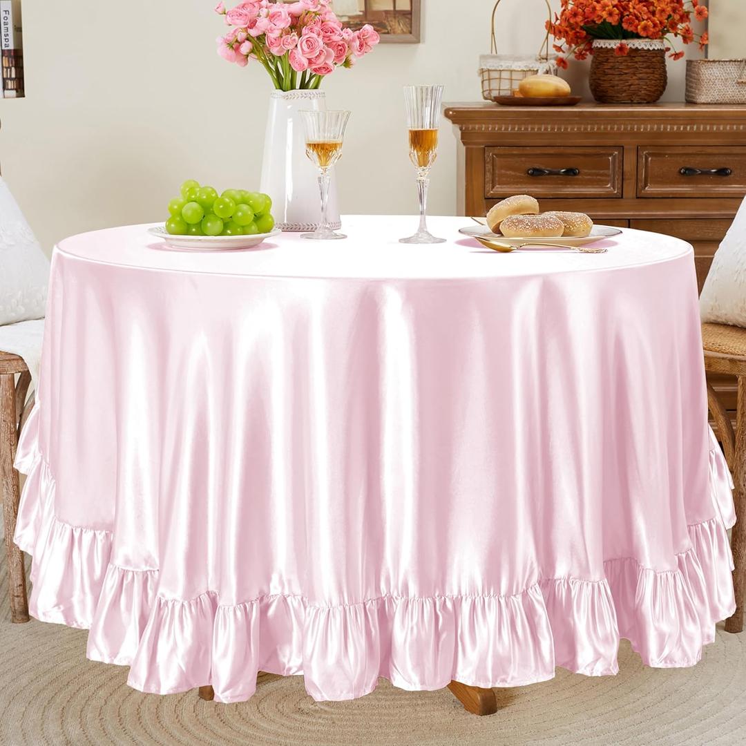 Entisn Ruffle Round Tablecloth 120 Inch, Pink Satin Table Cover Include 5 Inch Flounce Trim for 60-90 Inch Table, Washable Wrinkle Resistant Silky Decor for Banquet, Party, Kitchen