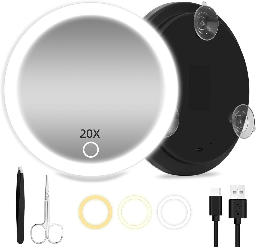 20X Magnifying Mirror with Light, Large 6'' Makeup 20X Magnification, Travel Magnified Mirror with 3 Color Lights & Suction Cups, with Tweezers and Scissors - Perfect for Makeup & Close-Up Tasks