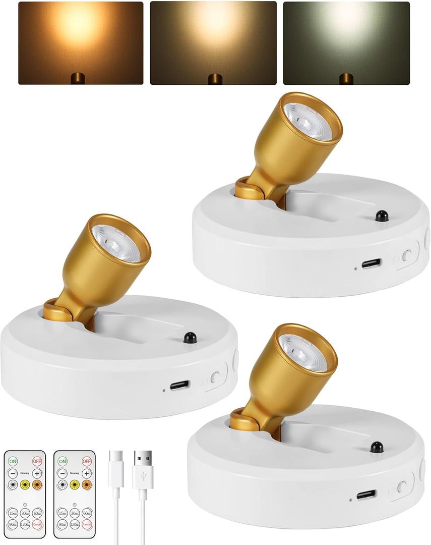 EZVALO 3-Pack Spotlight Indoor, Rechargeable Battery Picture Lights, Wireless Uplights with Remote, Dimmable, 3 Color Temperatures, Timer, Accent Lighting for Plants, Trees, Art, Displays