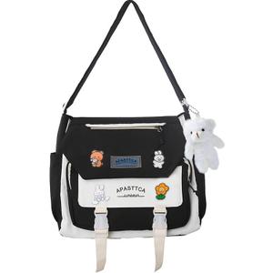 Cute Messenger Bag for Teen Girls Women, Kawaii Crossbody Shoulder Purse with Pins and Stuffed Pendant Gift (Medium, Black)