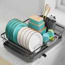 Sakugi Dish Drying Rack - Compact Dish Racks with Drain Board for Kitchen Counter, Durable Stainless Steel Dish Rack Used in Sink & on Countertop, Gray, Large