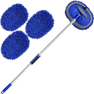 62'' Car Wash Brush with Long Handle Chenille Microfiber Car Wash Mop Mitt Kit Scratch-Free Car Cleaning Brush Kit Car Care Kits with Replacement Head Supplies for Cars RV Truck Boat (Blue)