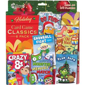 Regal Games Card Games for Kids - Go Fish, Crazy 8's, Old Maid, Slap Jack, Monster Memory Match, Snowball Fight - Holiday-Themed, Simple & Fun Classic Family Table Games  (6 Set)