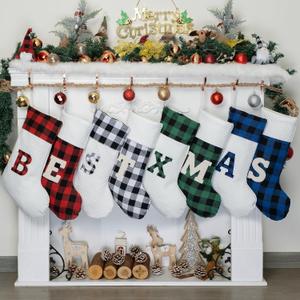 LUBOT Initial Monogram Christmas Stocking Letters 20" Personalized Custom Name Xmas Family Stockings Embroidery Large Buffalo Plaid Rustic/Farmhouse/Country Fireplace Decor Blue Letters B