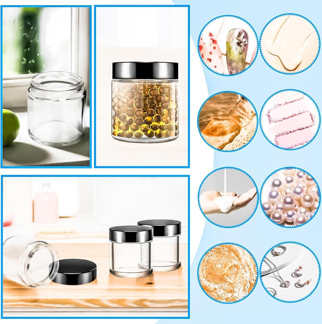 4oz Small Glass Jars with Black Lids, 3 Pack Clear Round Glass Cosmetic Jars with Inner Liners for Lotions, Powders and Ointments