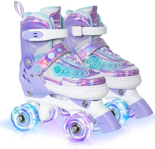 MammyGol Roller Skates for Girls Kids Boys, 4 Sizes Adjustable Quad Toddler Skates Indoor Outdoor Ages 3-8, Pink Blue Purple Green, Size S (10C-13C) 6⅞-⁷7⁸⅞