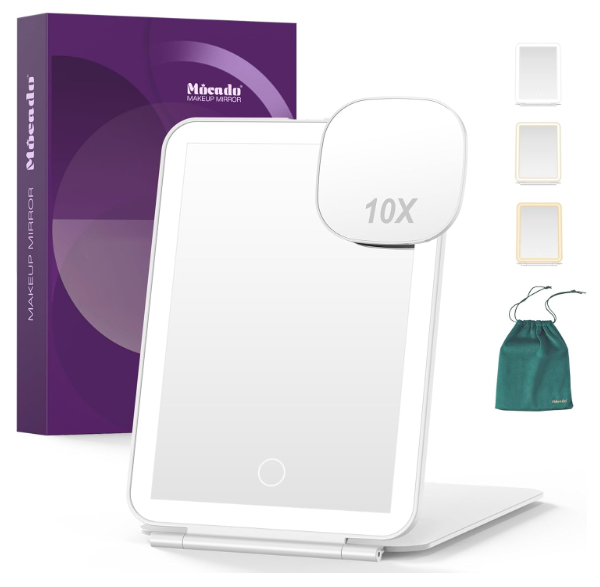 Mocado LED Foldable Travel Makeup Mirror - 5x7 inches 3 Colors Light Modes USB Rechargeable Touch Screen, Portable Tabletop Cosmetic Mirror for Travel, Cosmetic, Office (White) 