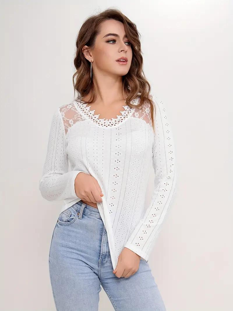 Long Sleeve Tops for Women Eyelet Scalloped Lace V Neck Blouse Casual Loose Fashion Shirts L