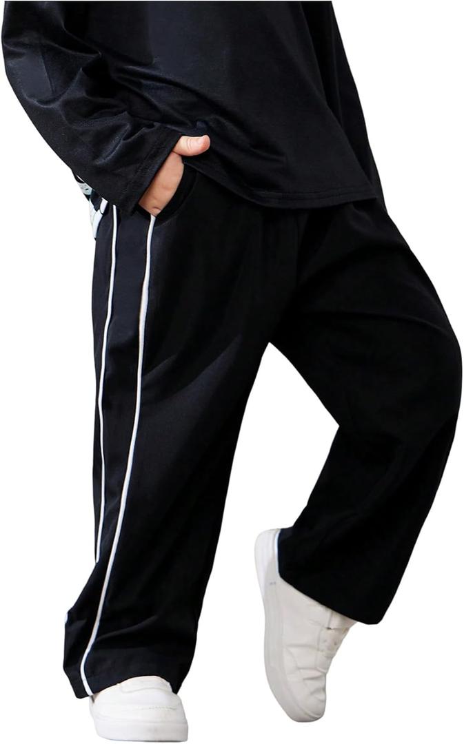 OYOANGLE Toddler Boy's Elastic Waist Sweatpants Side Striped Track Pants with Pockets (5T, Black)