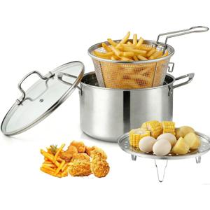 6L/6.4QT Deep Fryer Pot with Basket and Steamer Rack, Stainless Steel Stock Pot for Pasta, Soup, Spaghetti, Chicken, Cookware for Frying, Canning, Boiling, Simmering, Compatible with All Stove