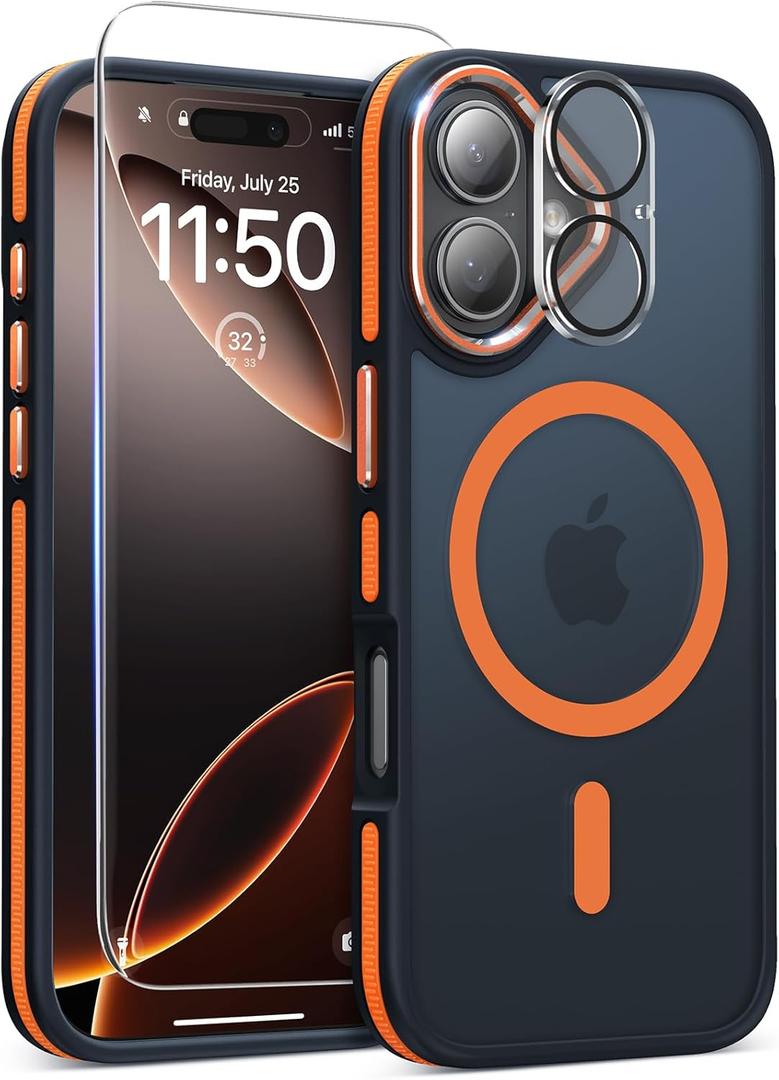 Magnetic 3 in 1 for iPhone 17 Case, [Omni-Directional Protection] with 1x Screen Protector + 1x Camera Cover, [Seamless Work with Magsafe] Translucent Protective Silm Phone Case for iPhone 17 Orange