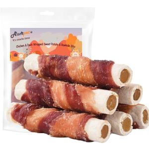 ASMPET Dog Treats Bones, Chicken Duck Wrapped Rawhide Sweet Potato Sticks for Small Medium Large Dogs (EXP 02/21/27)