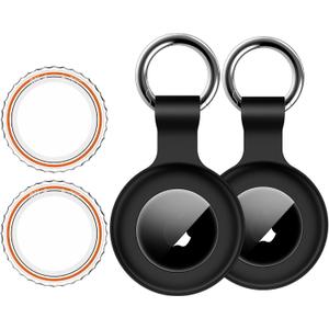 1|2|4Pack for Apple AirTag Holder,for Air Tag 2nd &1st Genaretion,Waterproof GPS Tracker Air Tag Keychain with Cover Anti-Scratch Silicone for Air-Tag Case for Pets,Kids,Bags,Luggages-Black+Black