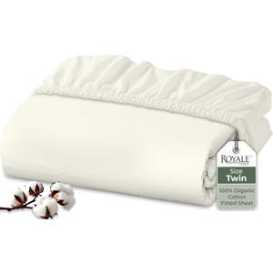 Royale Linens 100% Organic Cotton Fitted Sheet - Percale Weave - Super Soft Deep Pocket Bottom Sheets - Ivory Elastic Sheet Twin Size - Twin Fitted Sheets Only - (39"x75"+15", Ivory)