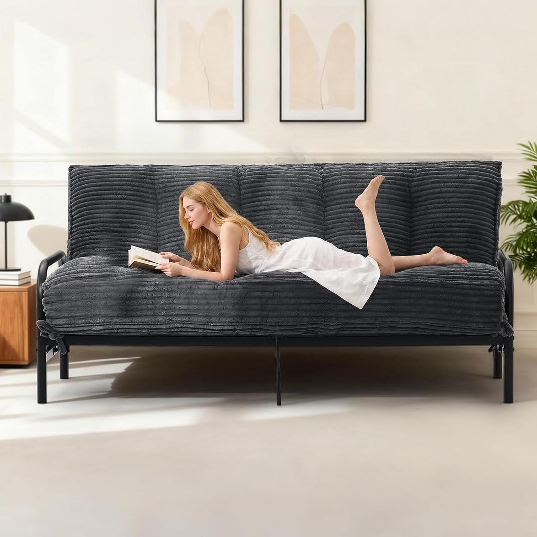 10 Inch Thick Futon Mattress, Shredded High Density Foam Floor Mattress, Portable Foldable Sleeping Mattress, Corduroy Lounger Bed for Guest Room Dorm Apartment Camping Travel, Full