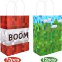 24pcs Pixel Party Favors Bags, Green & Red Video Game Theme Goodie Candy Snack Gift Goody Treat Bags with Handles for Kids Gamers Birthday Party Favors & Decorations Supplies