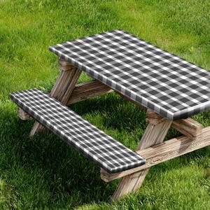 Picnic Table Cover and Bench Covers, Fitted Tablecloth Cover with Elastic Edge, Water and Oil Proof, for Outdoor, Garden, Camping, 72x28 Inch, 3 Pieces Set, Black & White