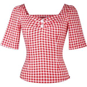 YARN & INK Women's 1950s Pinup Tops, Rockabilly Vintage Blouse Medium Sleeves Sweetheart V-Neck Shirt (X-Large, Red Ginham)