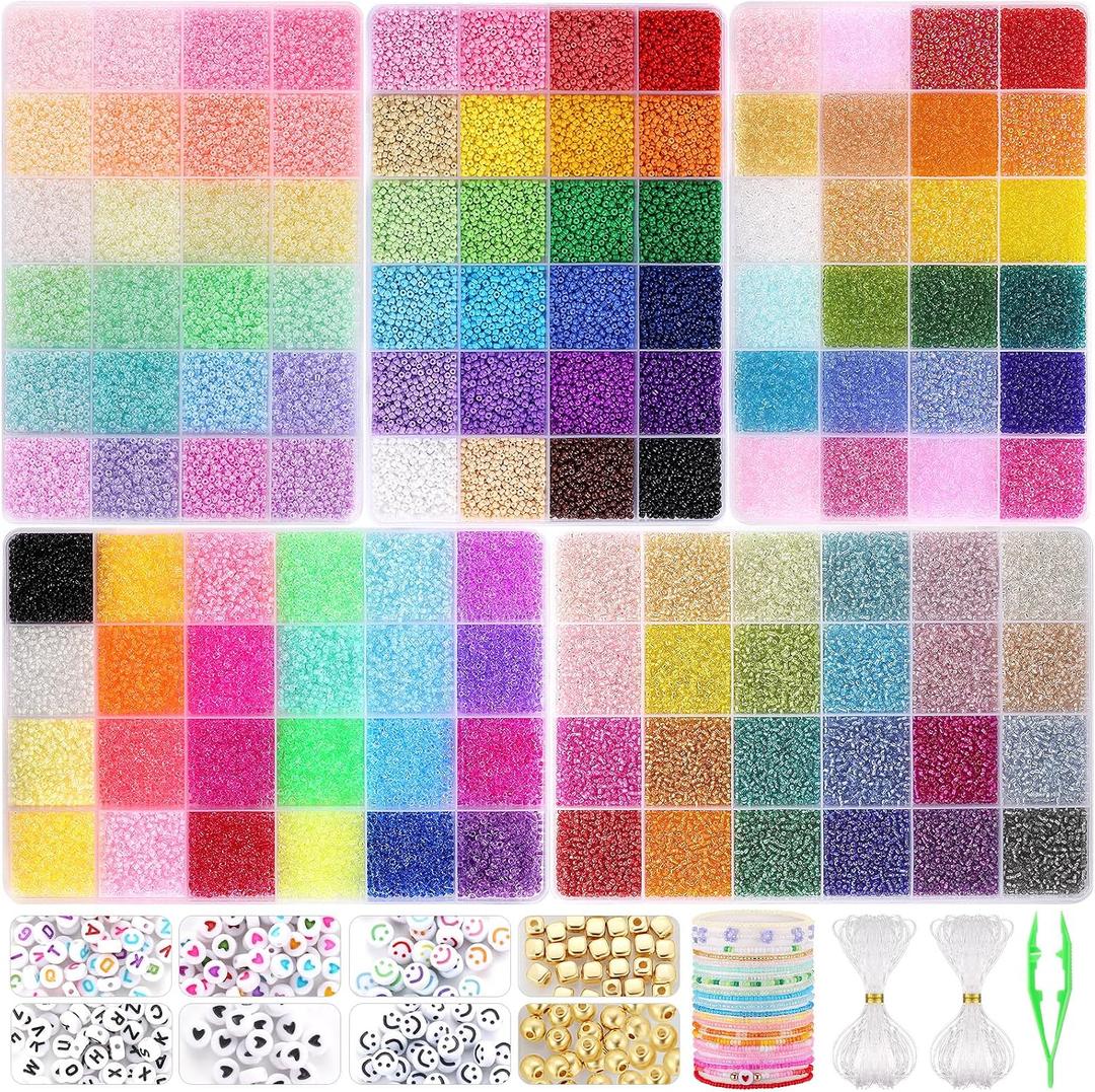 Funtopia 61000pcs 2mm Seed Beads for Jewelry Making, 5 Types 120 Colors Small Glass Beads for Bracelets, Friendship Bracelet Kit with Alphabet Letter Beads, Smile Face Beads for DIY, Art and Craft