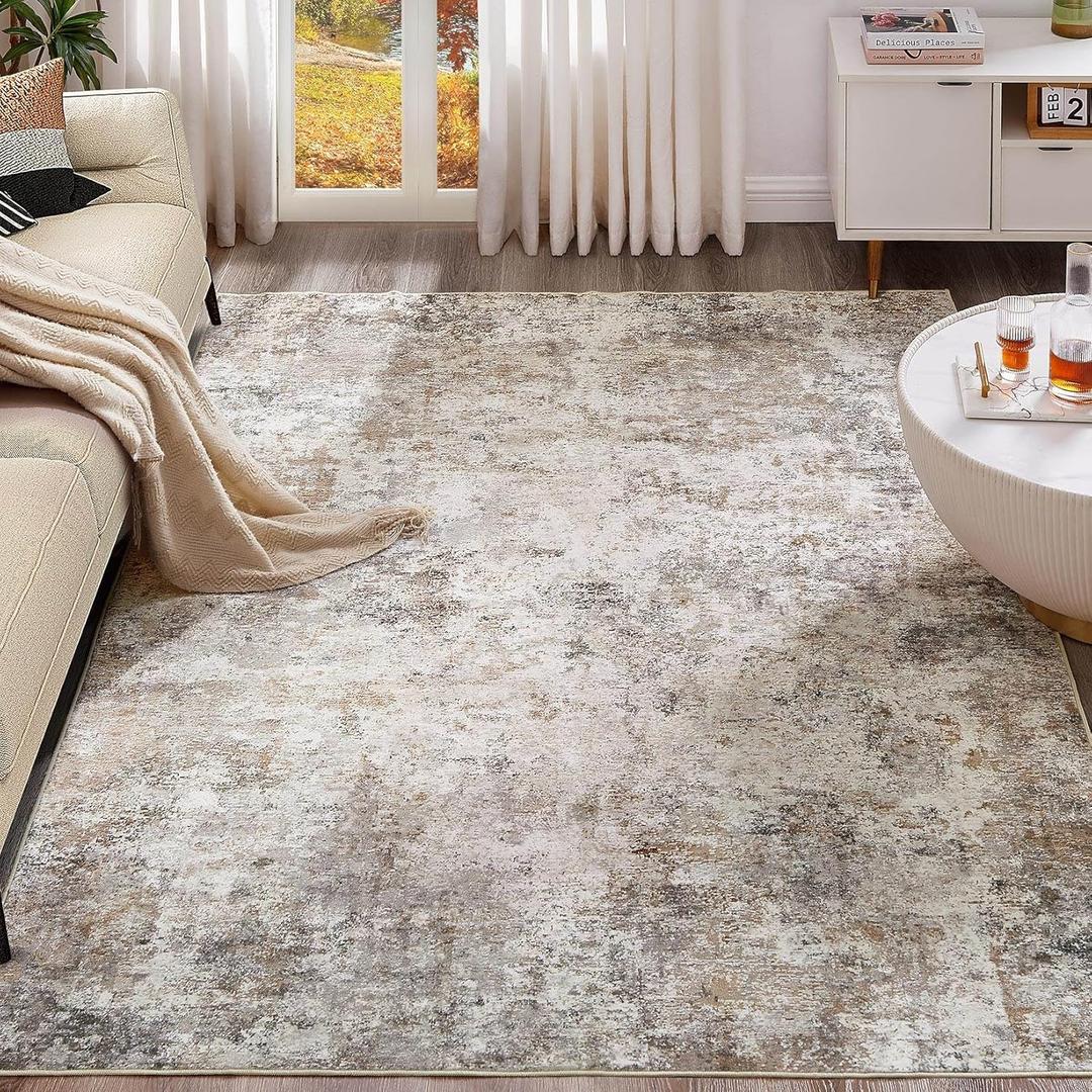 UERMEI 7x10 Area Rug Living Room Rugs - Washable Neutral Modern Abstract Soft Thin Large Rug Indoor Floor No Slip Rug Carpet for Bedroom Under Dining Table Home Office Decor - Brown Grey