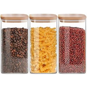 VIEWELLD 1.6 Qt Square Glass Storage Containers with Lids, Clear Food Storage Container Jar with Sealing Bamboo Lid for Noodles Flour Cereal Rice Sugar Tea Coffee Beans,Square Set of 3