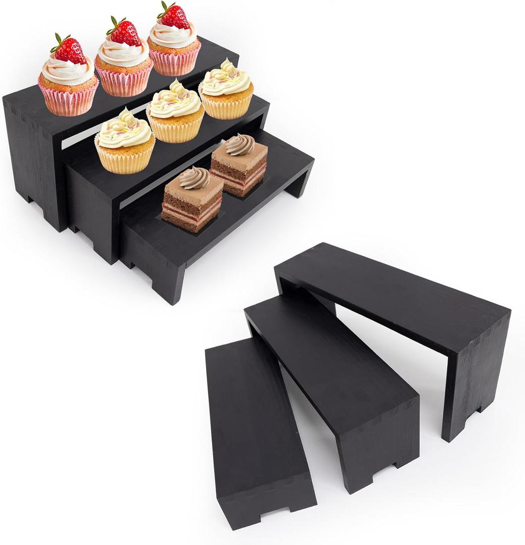 6-Piece Wood Display Risers Set - 2 x 3-Tier Rectangular Stands, Layered Aesthetic Shelves for Cupcakes, Jewelry, Craft Displays, Ideal for Funko Pops (Black)