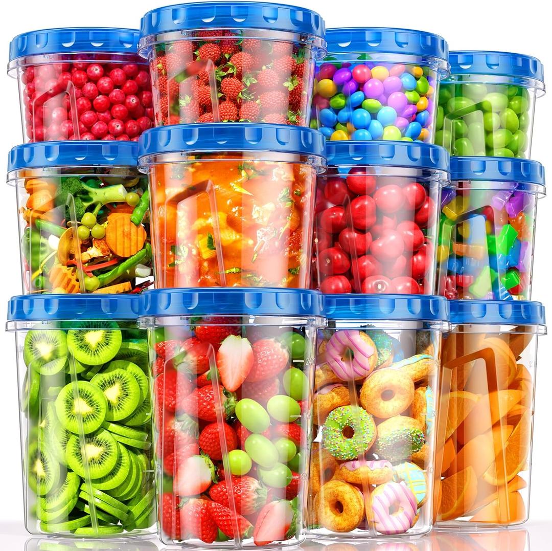 BiuLeon 12 Pack- 34/24/17oz Freezer Storage Containers, Plastic Food Storage Containers with Twist Top Lids, BPA Free and Reusable Soup Containers with Lids, Leakproof/Microwave/Dishwasher Safe