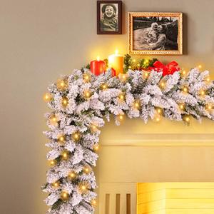 Flocked Christmas Garland with Lights,9FT Pre-Lit White Snow Garlands with 240 PVC Tips,Frosted Garland for Mantle,Stairs Decorations,White (270CM)