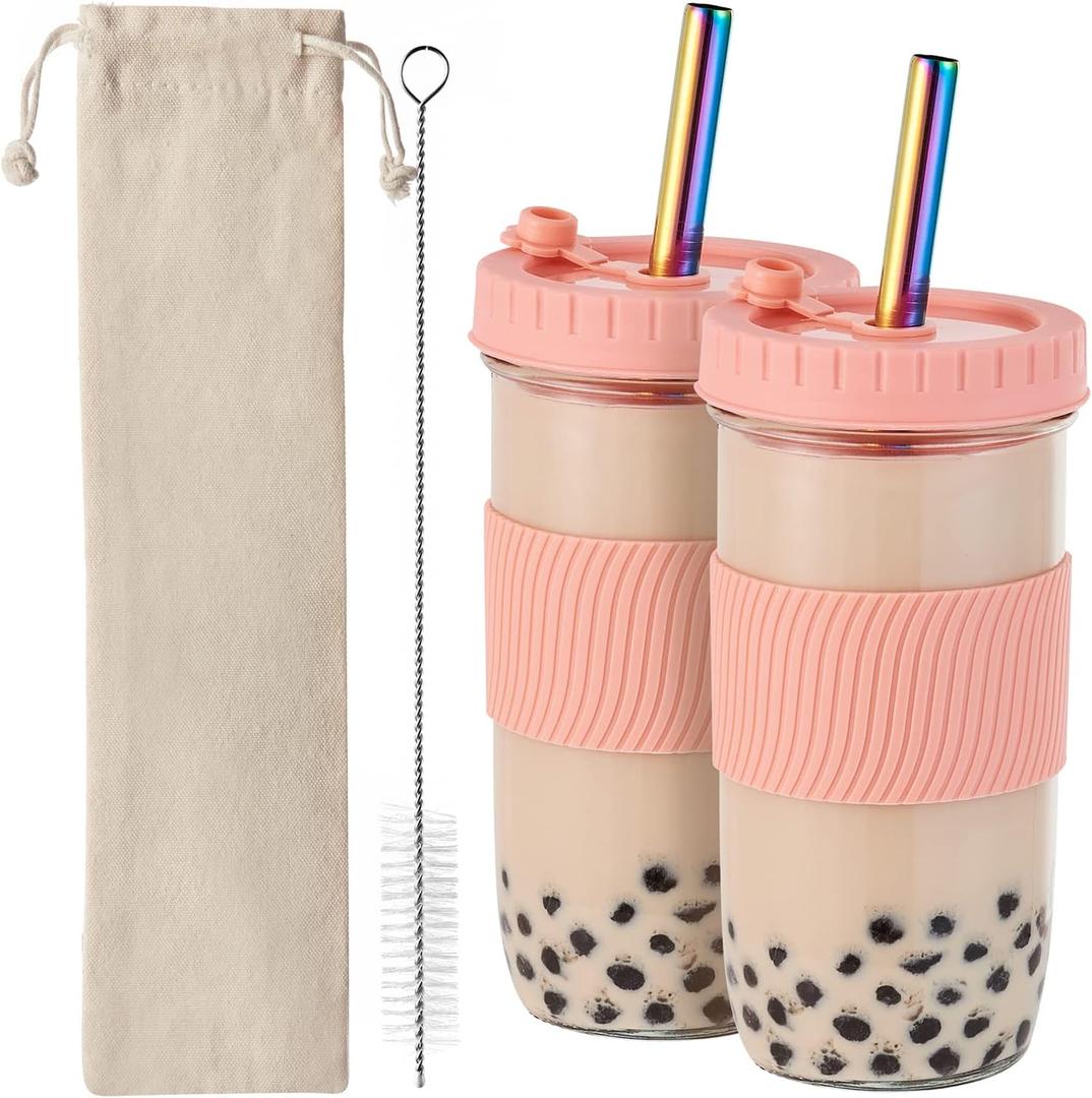 Reusable Glass Mason Jars Cups with Lids and Straws Silicone Sleeves, 2 Pack 24Oz Wide Mouth Smoothie Cups Glass Bubble Tea Cup Leakproof drinking glasses Travel Tumbler for Large Pearl Birthday Gifts
