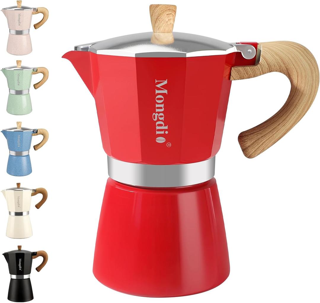 Mongdio Stovetop Espresso Maker Moka Pot, Cuban Coffee Maker Stove top coffee maker Moka Italian Espresso Greca Coffee Maker Brewer Percolator, 6 Espresso Cups, 10 oz - Red