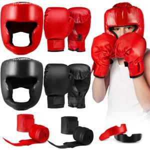 Kanayu 12 Pcs Kids Boxing Equipment Set for Beginners Ages 6-18 Years Including Boxing Helmet and Gloves Hand Wraps Sport Mouthguards Taekwondo Sparring Gear for Kids and Children (Black, Red)