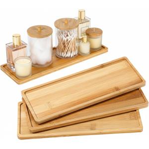 Chengu 3 Pcs Bamboo Vanity Trays for Bathroom Small Wooden Serving Tray for Bathroom Counter Food Appetizer Tea Dessert Kitchen Candle Tissue Toilet Tank Home Decor, 11 x 4 Inch(Rectangle Edge Style)