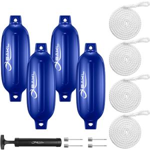 Boat Fenders 4 Pack 4.5 x 16 Inches Ribbed Twin Eyes Boat Fenders Bumpers for Docking, Comes with Ropes and Pump to Inflate