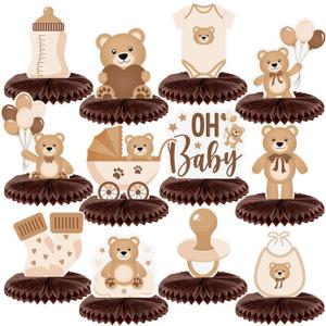 Bencailor 12 Pcs Bear Baby Shower Honeycomb Centerpieces Neutral Cream Bear Baby Shower Table Decorations Birthday Party Table Centerpieces Toppers(Brown)