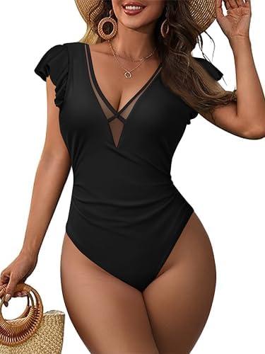 AI'MAGE One Piece Swimsuits for Women Sexy Mesh Deep V Neck Bathing Suit Ruffle Cap Sleeve Tummy Control Swimwear M
