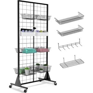 1-Pack Grid Wall Panels, 2' X 5.5' Ft Gridwall Panel Display Stand, Heavy Movable Floorstanding Detachable Gird Wall Panels,Suitable for Art Fairs(with Extra 10 Hooks
