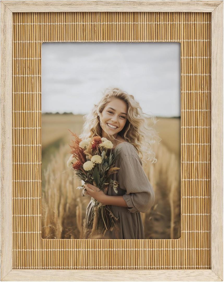 Sonefreiy Boho 5x7 Picture Frame, 5 x 7 Picture Frames for Wall, Photo Frame Natural Bamboo Woven Tabletop Display Christmas Gift for Family Mom Dad Grandma Friends