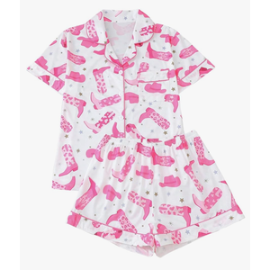 WDIRARA Women's 2 Piece Boots Graphic Pajama Set Pocket Patched Button Down Shirt with Shorts Satin Sleepwear, Small