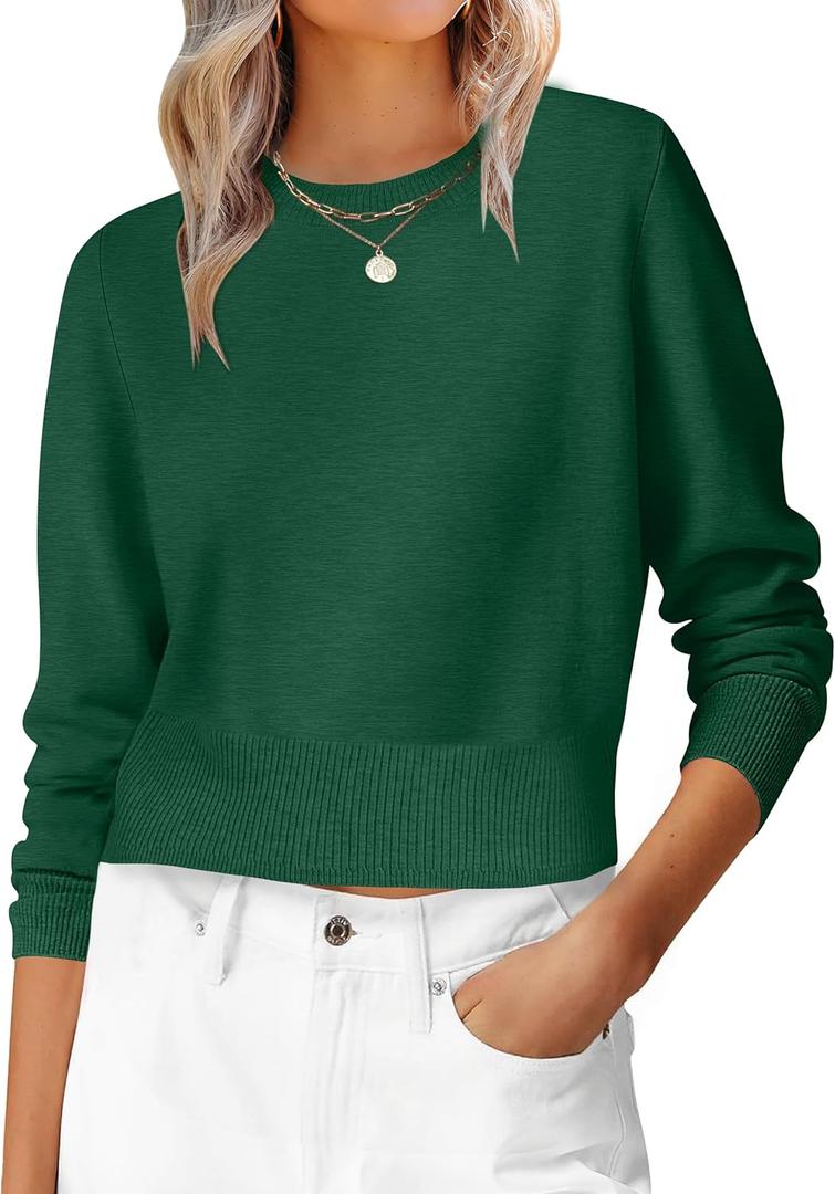ANRABESS Womens Long Sleeve Sweaters Cropped Crew Neck Business Casual Light Weight Sweater Tops Fall Fashion Clothes 2025 (Medium, Forest Deep Green)