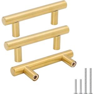 goldenwarm 5pcs Brushed Brass Cabinet Cupboard Drawer Door Handle Pull Knob for Furniture Kitchen Hardware 2-1/2in Hole Center 4in Overall Length