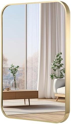 JENBELY 30x36 Inch Gold Bathroom Mirror, Brushed Brass Gold Metal Framed Rectangular Mirror with Rounded Corner, Bathroom Vanity Mirror for Bedroom or Living Room, Horizontal/Vertical
