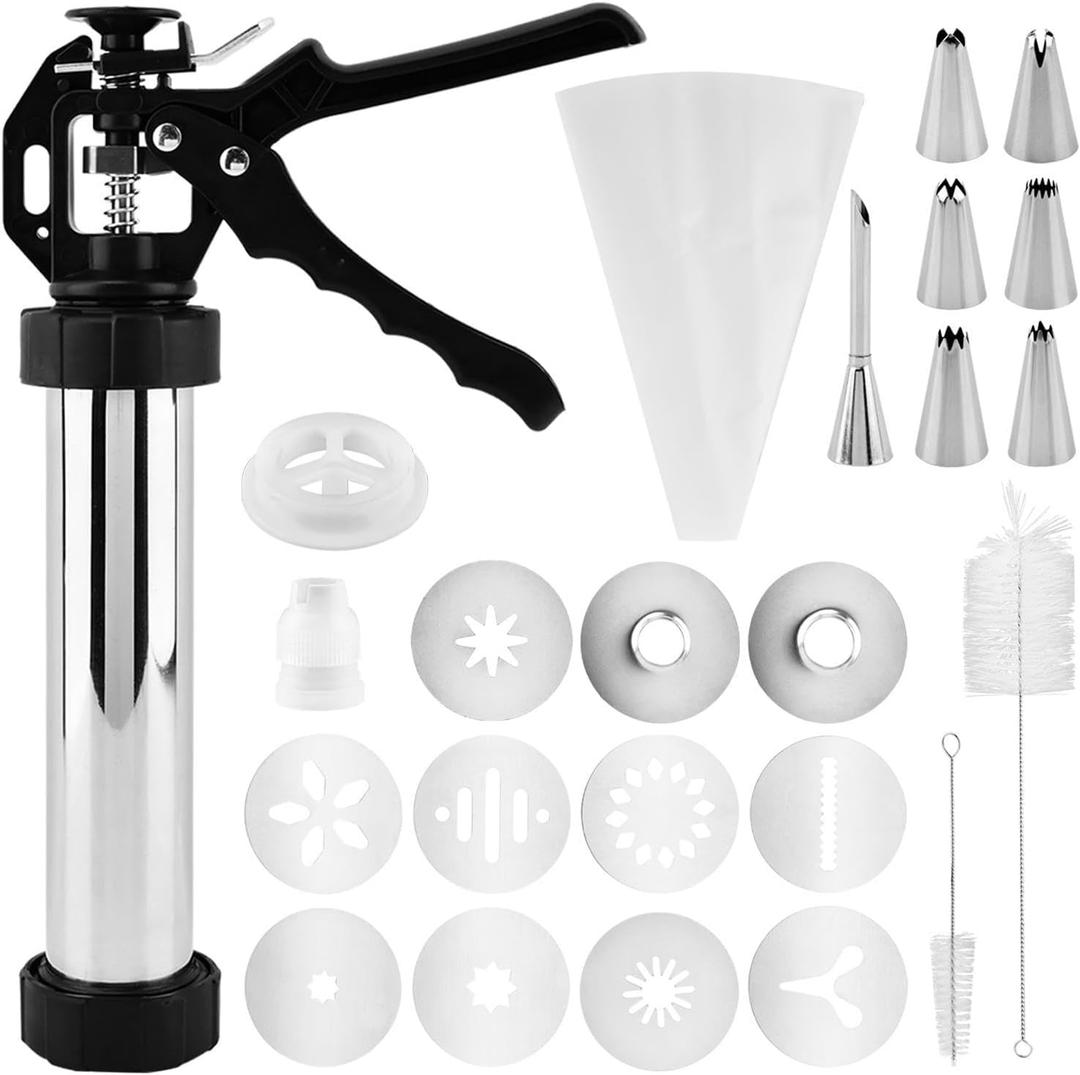 3-in-1 Stainless Steel Churros Maker Machine  Multifunctional Cookie Press with Piping Bag, Nozzles & Discs