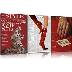 KVBJZYZ Red Cheetah Print Room Decor Poster, Trendy Fashion Red Boots Print Wall Art Aesthetic Vintage Playing Cards Poster Coquette Preppy Y2k Bar Cart Funky Art For Girly Bedroom home decoration, 24L" x 16W" Canvas