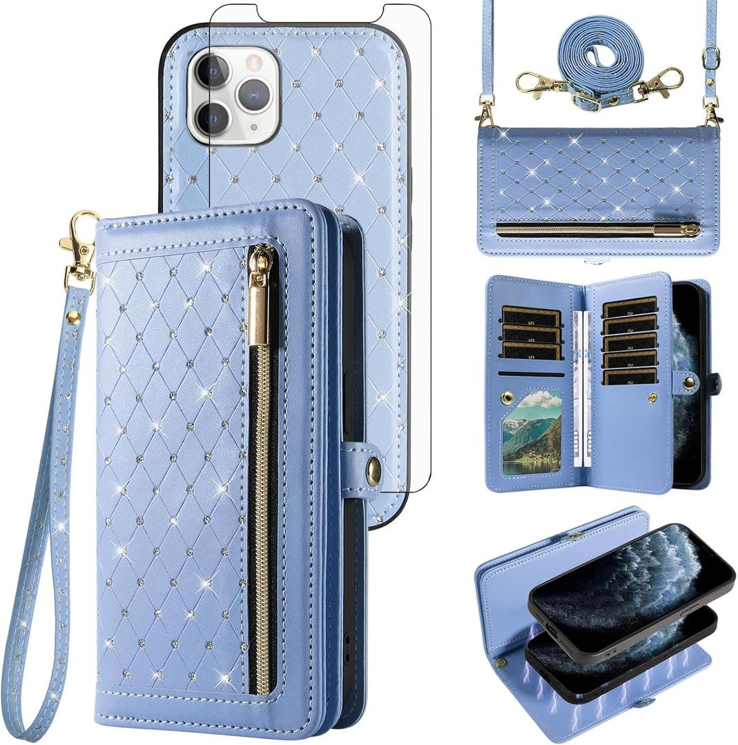 Phone Case for iPhone 11 Pro Max 6.9 inch Zipper Wallet Detachable Cell Cover Screen Protector Crossbody Strap Bling Flip Credit Card Holder i Phone16 16Pro i16 ProMax 16ProMax Women Girls Light Blue