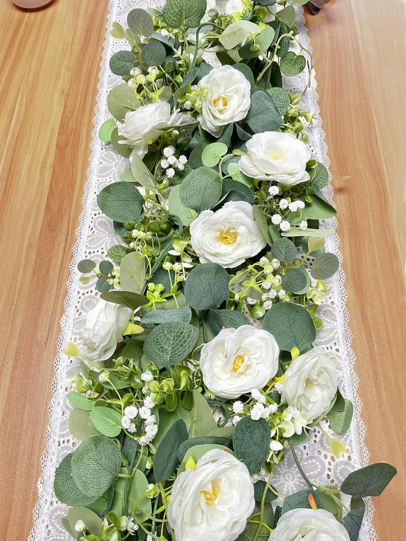2 Pack 5.91Ft Artificial Eucalyptus Flower Garland with White Roses, Fake Flowers Greenery Garland Flower Vines for Wedding Party Mantle Table Runner Spring Home Decor (2PCS,White)