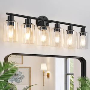 6-Light Bathroom Light Fixtures, Black Modern Vanity Lights with Clear Glass Shade, Bathroom Wall Lamp for Mirror Kitchen Living Room Hallway Cabinet Porch (6-Light, Matte Black)