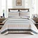 Homzard Quilt King Size - Cotton King Size Comforter, Beige Grey Plaid Bedding Set, Striped Bedspread Set(106 * 98 Inches),3 Piece (02-5 Cream/Grey)