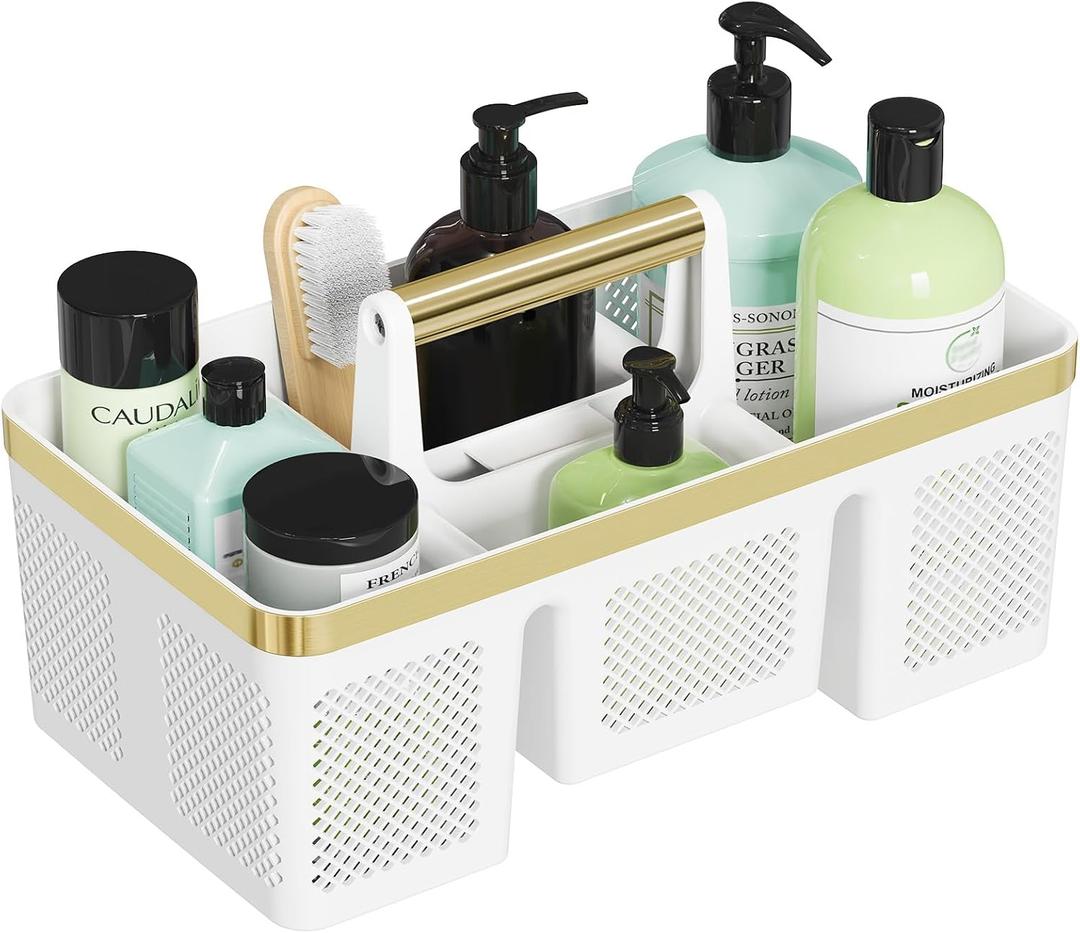 BYUNER Portable Cleaning Caddy & Shower Basket: Hard Plastic Caddy Organizer with Handle, 4 Divided Compartments, All-Side Drainage for Bathroom, Dorm & Utility, College Dorm Room Essentials, 7.09"D x 12.68"W x 6.54"H